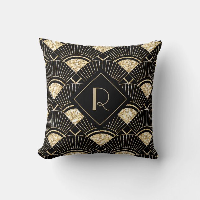 Cojín Decorativo Monograma elegante negro y oro Art Deco (Anverso)
