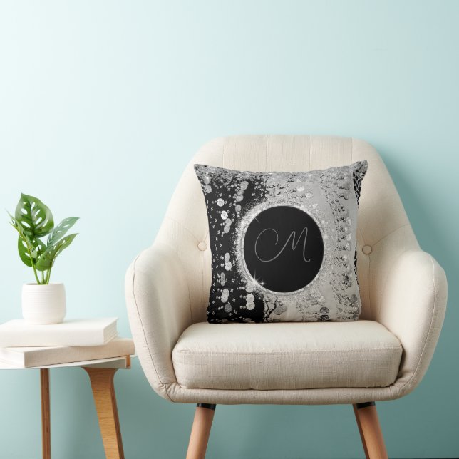 Cojín Decorativo Monograma Escarcha gitana negra y plateada (Silla)