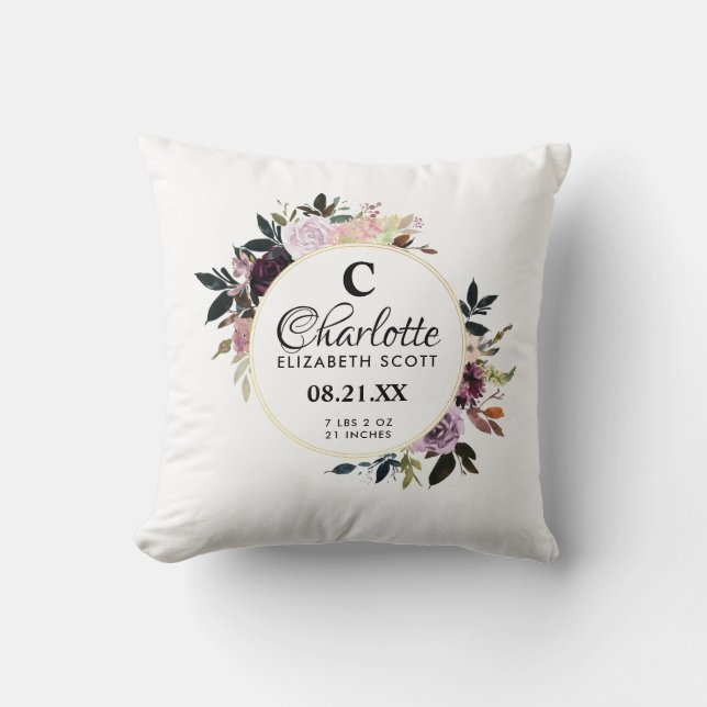 Cojín Decorativo Monograma Estadísticas de nacimiento morado rosado (Anverso)