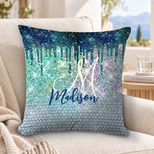 Cojín Decorativo Monograma falso brillante de unicornio iridiscente