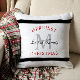 Cojín Decorativo Monograma Familiar Rojo de Navidad Más Alegre