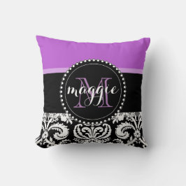 Cojín Decorativo Monograma femenino del damasco negro púrpura