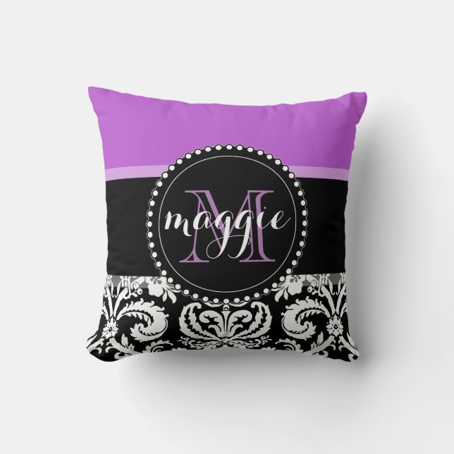Cojín Decorativo Monograma femenino del damasco negro púrpura (Anverso)