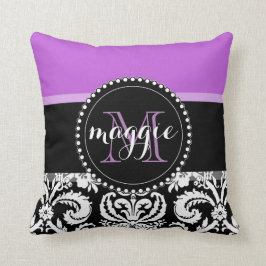 Cojín Decorativo Monograma femenino del damasco negro púrpura