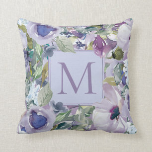 Cojín Decorativo Monograma Floral Acuarela Boho Morado Azul Polvori