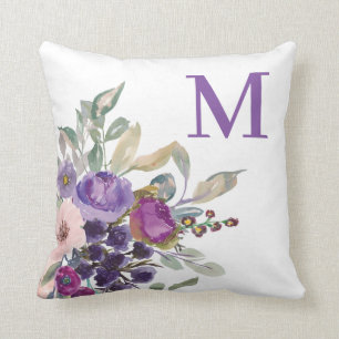 Cojín Decorativo Monograma floral acuarela rosa púrpura