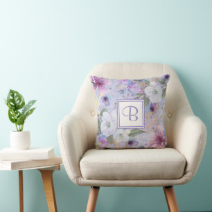Cojín Decorativo Monograma floral acuarela vintage azul púrpura