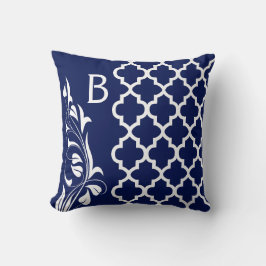 Cojín Decorativo Monograma Floral azul y blanco de la marina