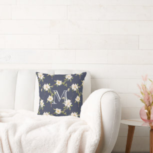 Cojín Decorativo Monograma Floral Blanco Azul Marino