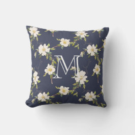 Cojín Decorativo Monograma Floral Blanco Azul Marino