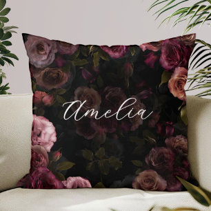 Cojín Decorativo Monograma Floral Burgundy Rosa Oscuro Lujoso