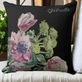 Cojín Decorativo Monograma floral color de agua rosa negro verde