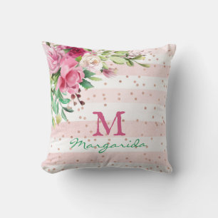 Cojín Decorativo Monograma Floral de acuarela con Chica de nombres
