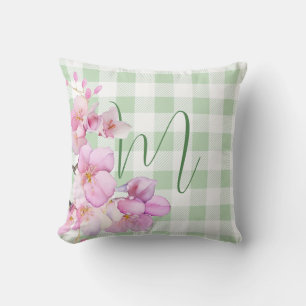 Cojín Decorativo Monograma floral de gingham blanco rosa clásico