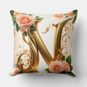 Cojín Decorativo 🌷 Monograma Floral de Melocotón N Decor 🌼