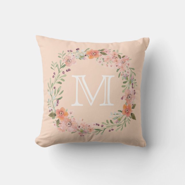 Cojín Decorativo Monograma floral del melocotón romántico (Anverso)