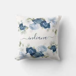 Cojín Decorativo Monograma floral elegante en azul polvoriento acua