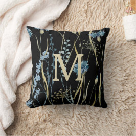 Cojín Decorativo Monograma Floral Luz azul y oro en negro
