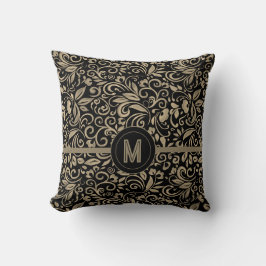 Cojín Decorativo Monograma Floral Negro Elegante Plata