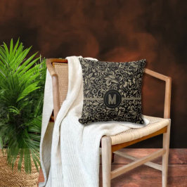 Cojín Decorativo Monograma Floral Negro Elegante Plata