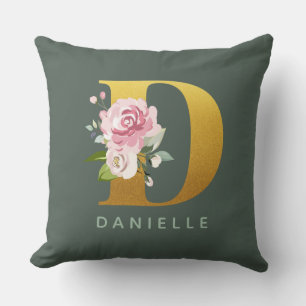 Cojín Decorativo Monograma Floral Personalizado Letra D de Oro Fals