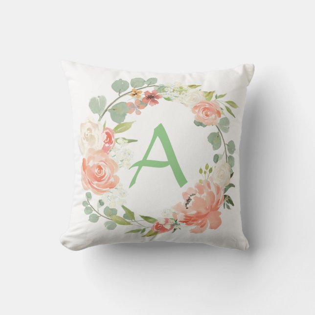 Cojín Decorativo Monograma floral rosa y verde (Anverso)