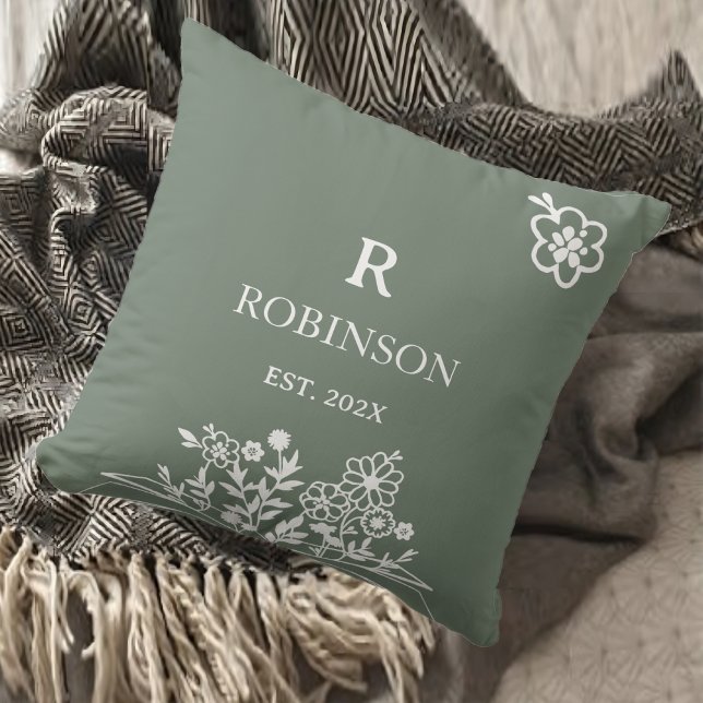 Cojín Decorativo Monograma floral suave inicial personalizada teal (Floral Monogram Soft Teal Custom Initial Throw Pillow)