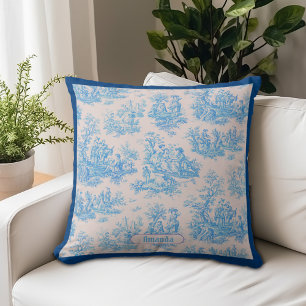 Cojín Decorativo Monograma Floral Toile Turquesa Azul Vintage