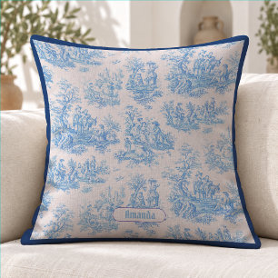 Cojín Decorativo Monograma Floral Toile Turquesa Azul Vintage