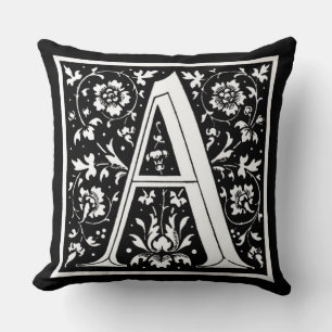 Cojín Decorativo Monograma floral vintage en blanco y negro ‘A’