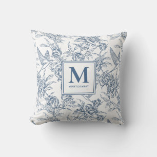 Cojín Decorativo Monograma francés azul vintage floral Toile de Jou