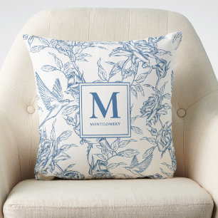 Cojín Decorativo Monograma francés vintage azul floral Toile de Jou