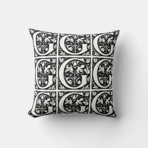 Cojín Decorativo Monograma G Patrón floral blanco y negro inicial