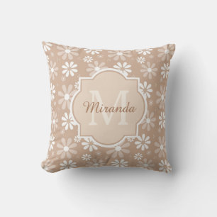 Cojín Decorativo Monograma Girly Cute Tan Daisy Flores y nombre