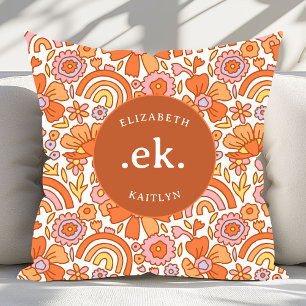 Cojín Decorativo Monograma Groovy Retro Naranja Florals