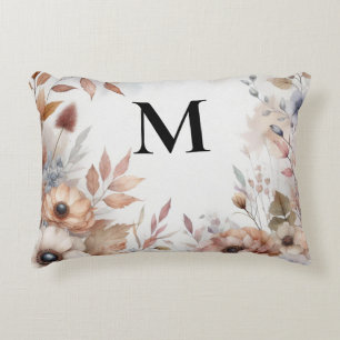 Cojín Decorativo Monograma Hojas de otoño y flores acuarela