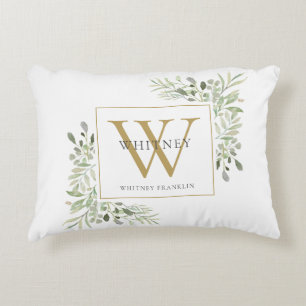 Cojín Decorativo Monograma Inicial de Vegetación Moderna Dorada