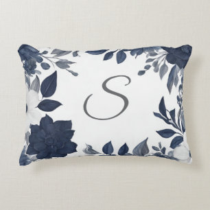 Cojín Decorativo Monograma Inicial Floral Gris Azul Marino Granja
