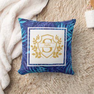 Cojín Decorativo Monograma Inicial Moderno Tropical Floral Dorado C