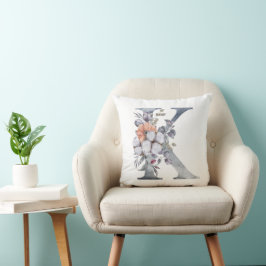 Cojín Decorativo Monograma K, Aquarela Floral Azul Melocotón Blanco