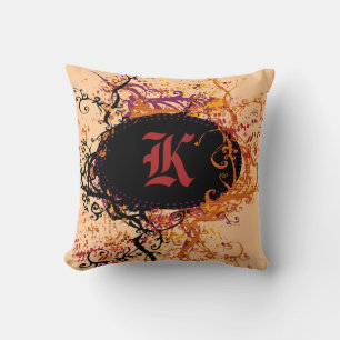 Cojín Decorativo Monograma K de patrón retro negro y naranja