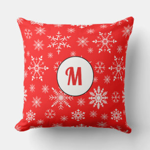 Cojín Decorativo Monograma lindo regalo patrón rojo copos de nieve 