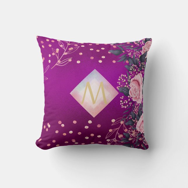 Cojín Decorativo Monograma Magenta Rosegold Purpurina metálico rosa (Anverso)