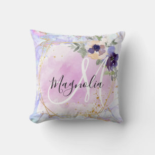 Cojín Decorativo Monograma Mármol Arcoíris Azul Rosa Dorado Chic