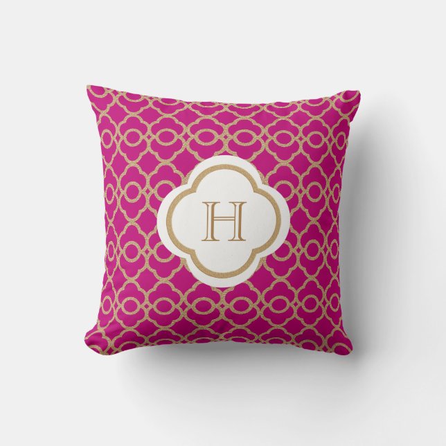 Cojín Decorativo Monograma marroquí Fuchsia y oro (Anverso)