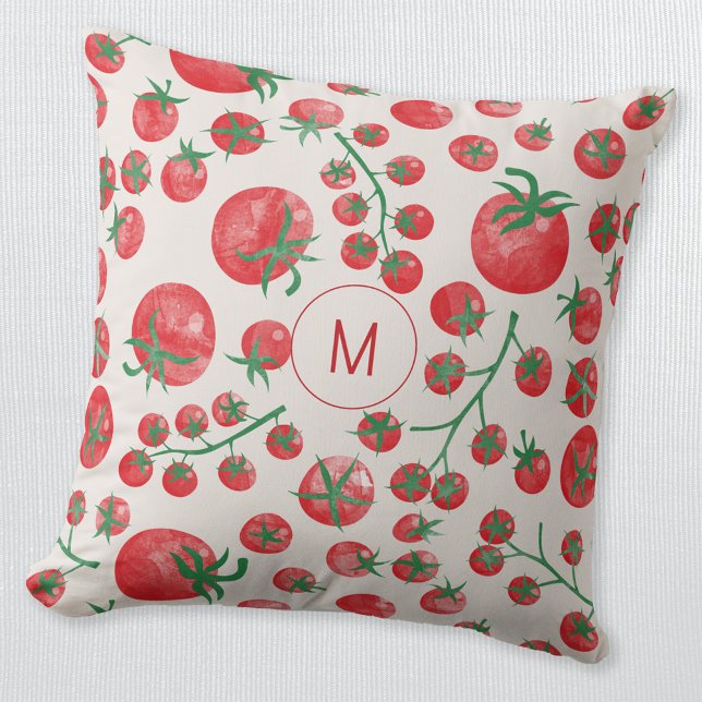 Cojín Decorativo Monograma mediterráneo de acuarela de tomate inici (Fun watercolor tomato Mediterranean pattern monogram initial personalized throw pillow)