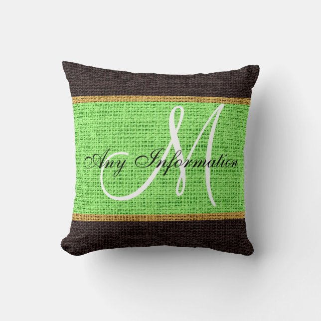 Cojín Decorativo Monograma Mint verde Rústico Burlap Jute (Anverso)