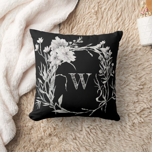 Cojín Decorativo Monograma Moda floral monocromo negro (Manta)