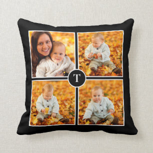 Cojín Decorativo Monograma moderno 4 Collage de fotos negro