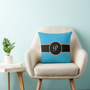 Cojín Decorativo Monograma moderno azul blanco negro Quatrefoil